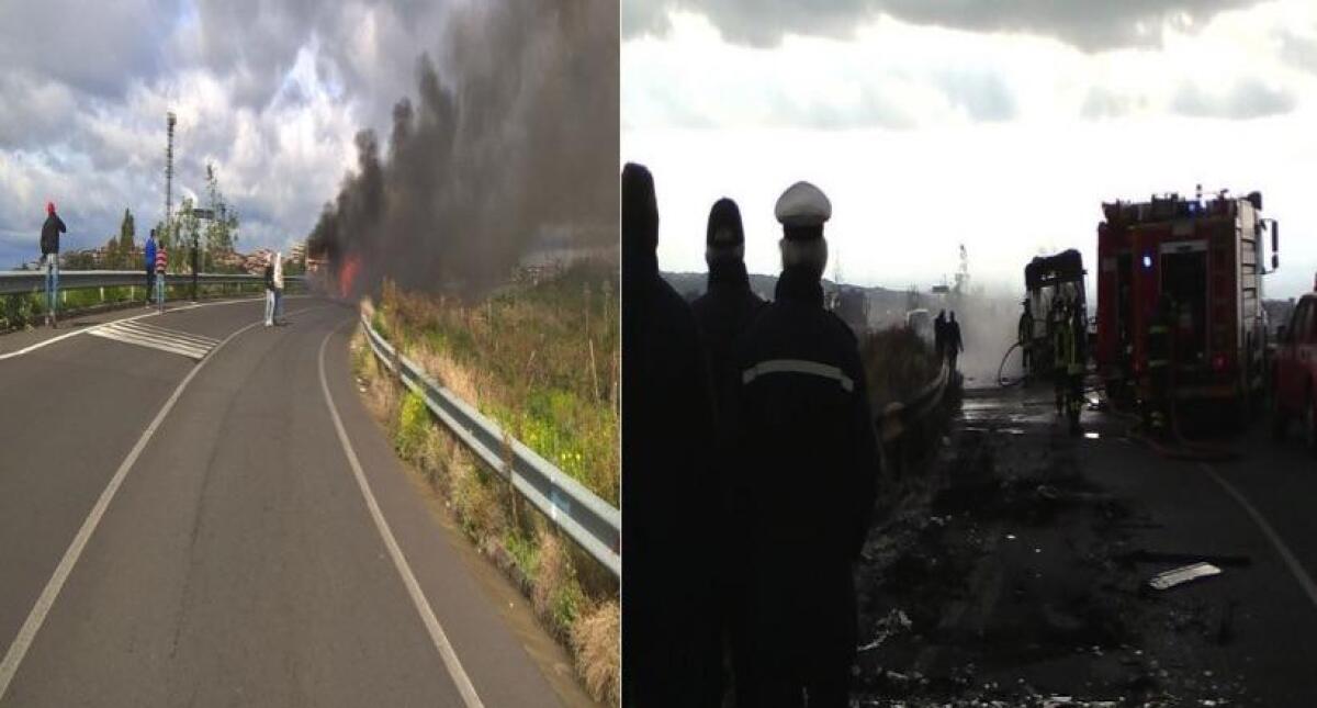 A fuoco un bus della Fce sulla strada Paternò-Licodia - 