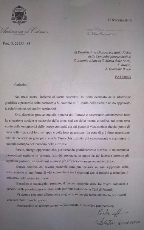 La lettera dell'arcivescovo