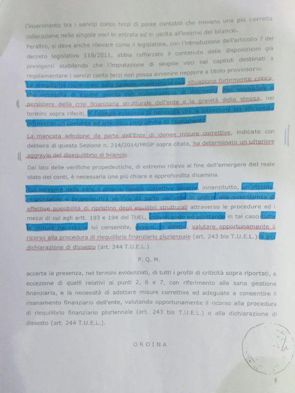 Una delle pagine relativa alla nota della Corte dei Conti, argomento di discussione in consiglio (clicca per ingrandire)