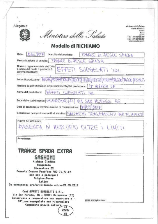 Ministero della Salute ritira tranci di pesce spada: presenza anomala di mercurio