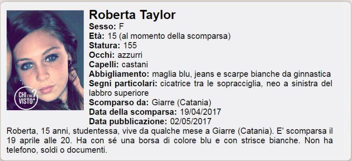 GIARRE: 15ENNE SCOMPARSA NEL NULLA, APPELLO A "CHI L'HA VISTO?" - 
