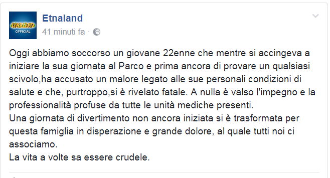 TRAGEDIA AD ETNALAND 22ENNE MUORE STRONCATO DA UN INFARTO