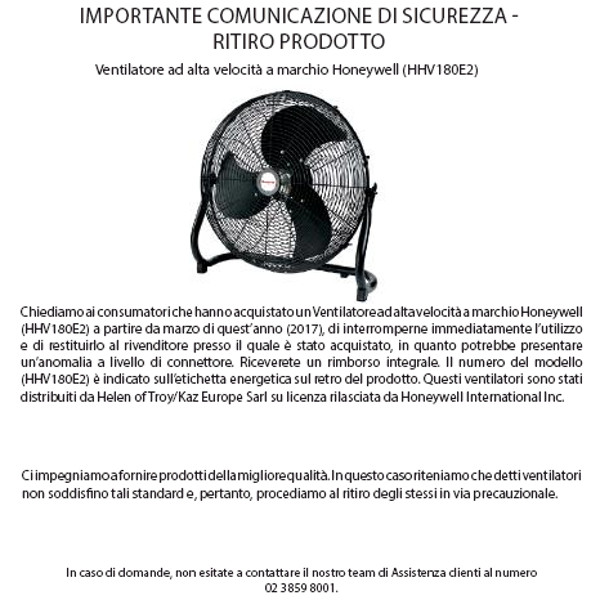 HONEYWELL RICHIAMA I VENTILATORI AD ALTA VELOCITÀ