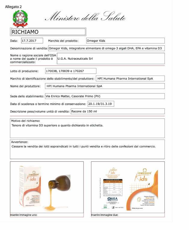 MINISTERO SALUTE ORDINA RITIRO DAL MERCATO DELL`INTEGRATORE OMEGOR KIDS PER RISCHIO CHIMICO