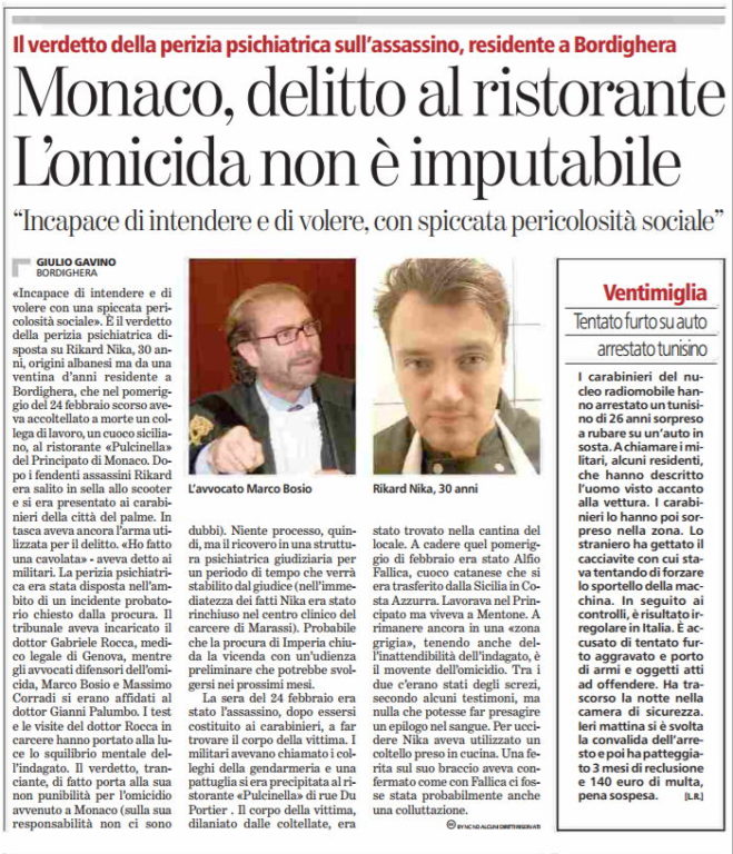 «INCAPACE DI INTENDERE» AL KILLER DEL CUOCO FALLICA