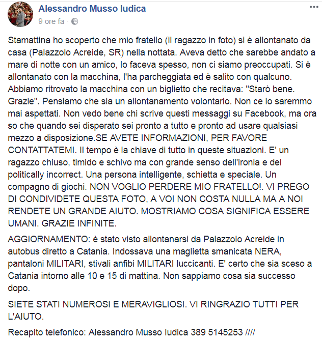 PALAZZOLO ACREIDE: SCOMPARSO RAGAZZO, OGGI "SEGNALATO" A CATANIA, LA FAMIGLIA: “AIUTATECI A RITROVARLO”