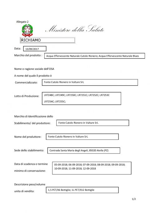 ACQUA MINERALE CON BATTERIO, SCATTA L'ALLERTA DEL MINISTERO DELLA SALUTE