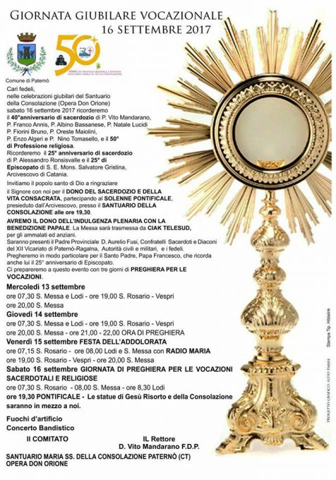 PATERNÒ: OGGI GIORNATA GIUBILARE VOCAZIONALE – PROGRAMMA 2017