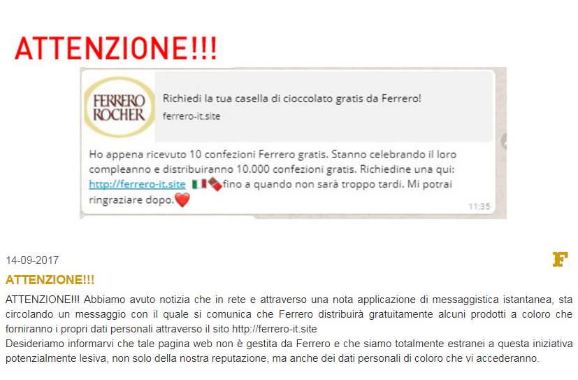 NIENTE CONFEZIONI FERRERO GRATIS. IL MESSAGGIO DI WHATSAPP È UNA BUFALA