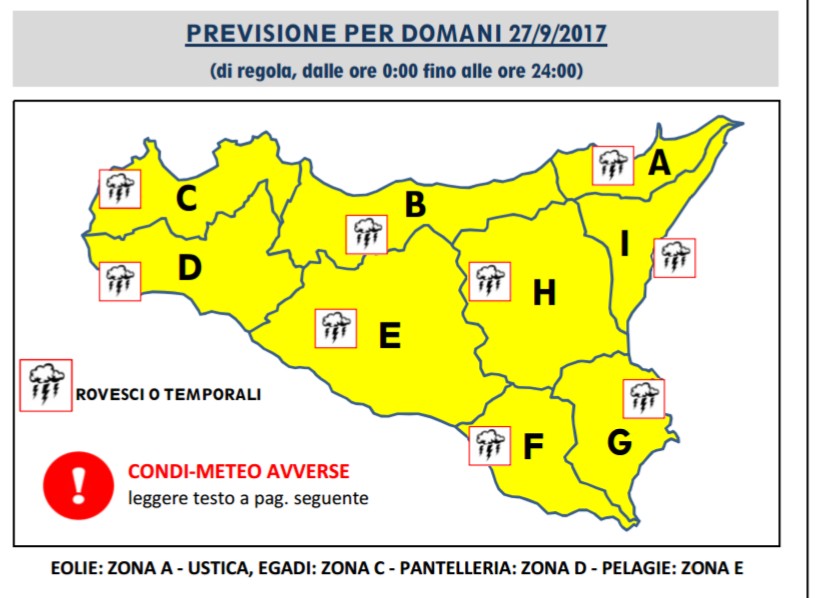 PER DOMANI DIRAMATO "ALLERTA GIALLA" DALLA PROTEZIONE CIVILE