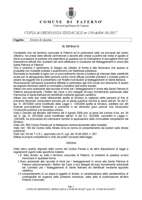 PATERNÒ : CHIARIMENTI SUL DIVIETO DI QUESTUA