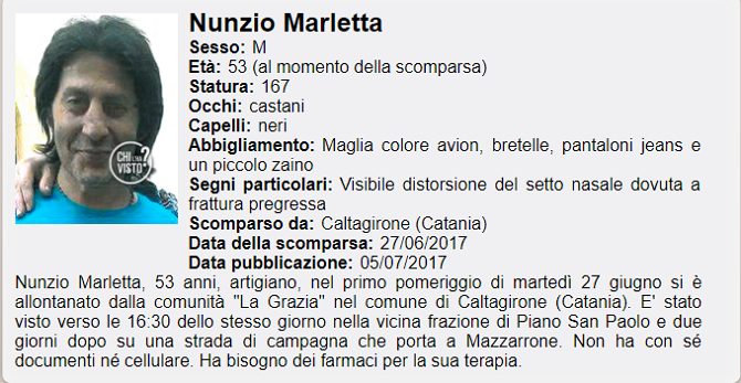 BELPASSO: SCOMPARSO DA 4 MESI, SI CERCA ANCORA NUCCIO MARLETTA