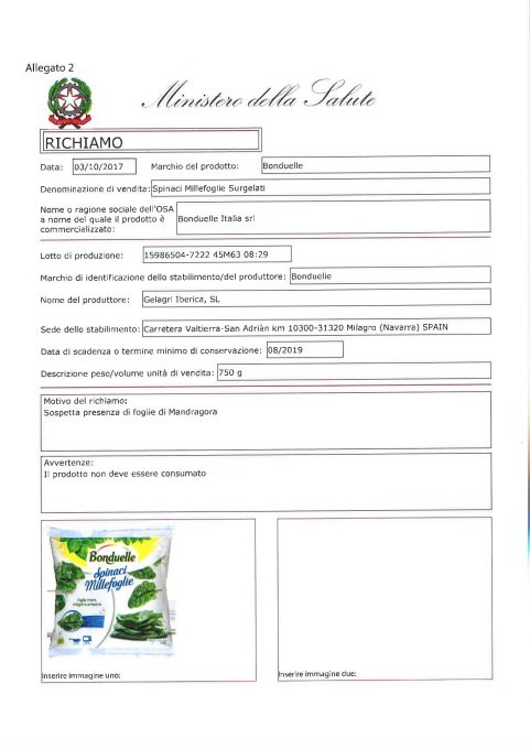 ERBA VELENOSA NEGLI SPINACI SURGELATI, IL RICHIAMO DEL MINISTERO DELLA SALUTE