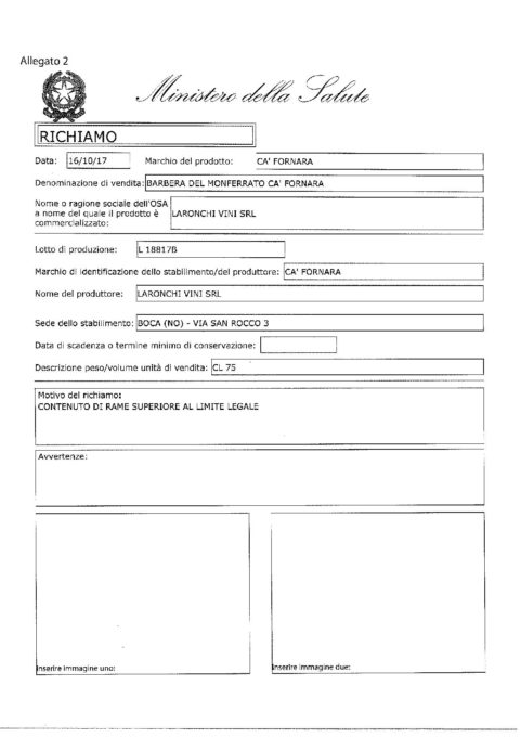 TROPPO RAME NEL VINO: MINISTERO DELLA SALUTE RICHIAMA UN LOTTO DI VINO BARBERA