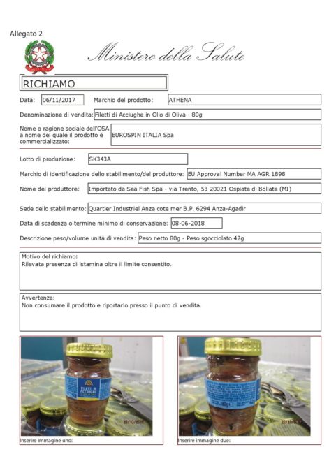 FILETTI DI ACCIUGHE EUROSPIN, IL MINISTERO ORDINA IL RITIRO: «CONTENGONO ISTAMINA»