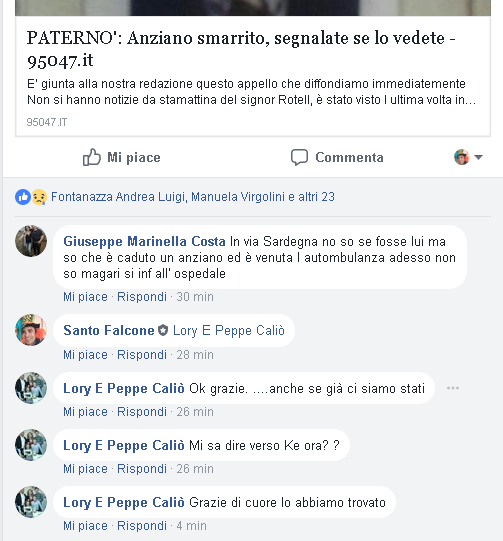 PATERNO': E' stato ritovato l'anziano scomparso