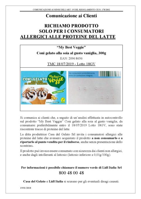 Lidl richiama un lotto di coni gelato vegani My Best Veggie per la presenza di proteine del latte. Rischio per i consumatori allergici