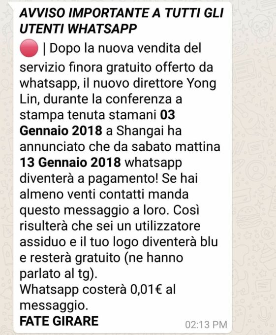 Da sabato 13 Gennaio 2018 WhatsApp a pagamento ? Bufala!
