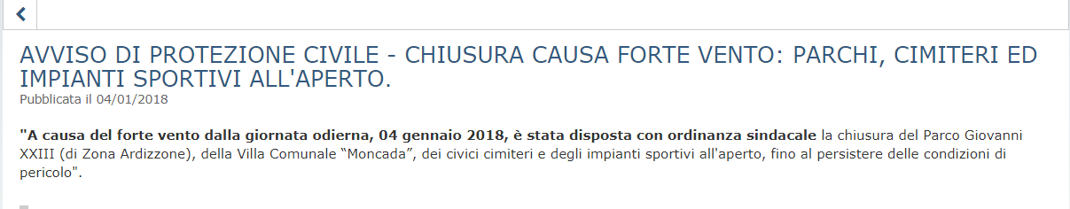 PATERNO': Vento forte, il Comune chiude parchi e cimiteri