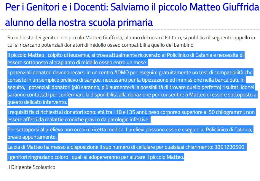 CATANIA: Salviamo Matteo 7 anni, ha bisogno di un trapianto di midollo per vivere. Appello ai donatori