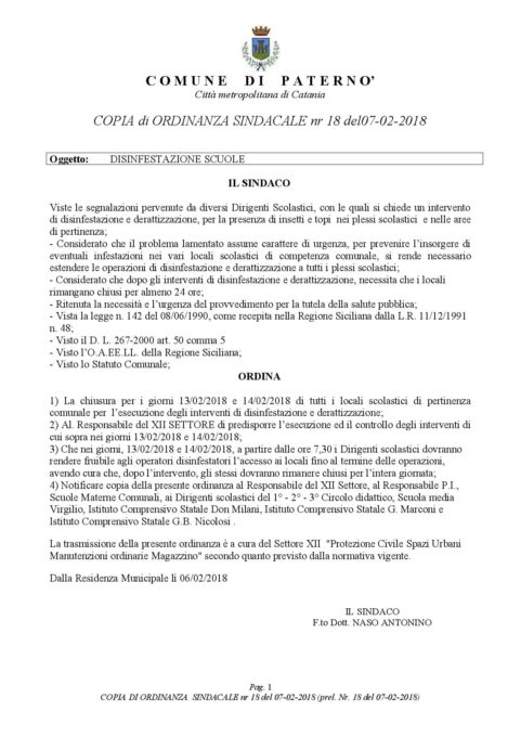 PATERNO': Scuole comunali chiuse per disinfestazione