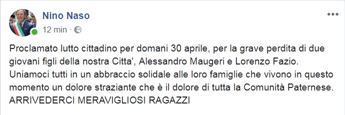PATERNÓ: Il Sindaco Naso proclama per domani lunedì 30 aprile lutto cittadino