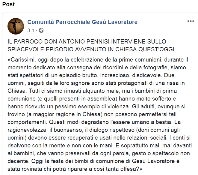 GIARRE: Rissa in chiesa durante la Prima Comunione