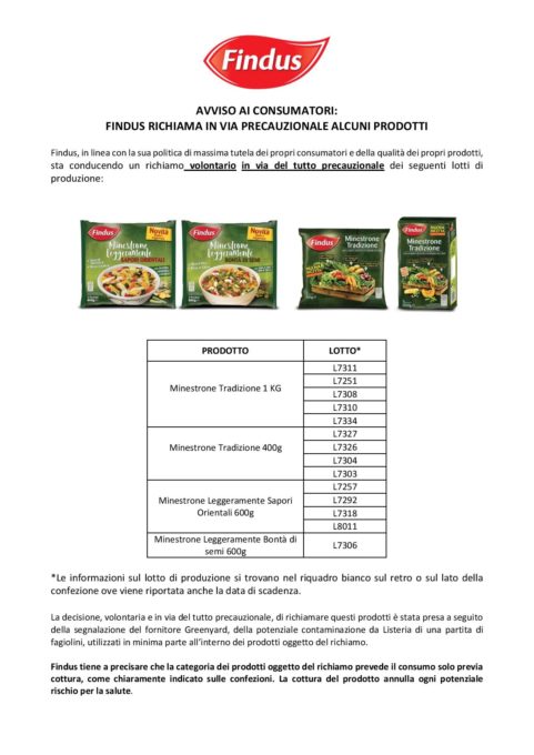 Findus richiama minestrone surgelato per potenziale presenza di Listeria monocytogenes