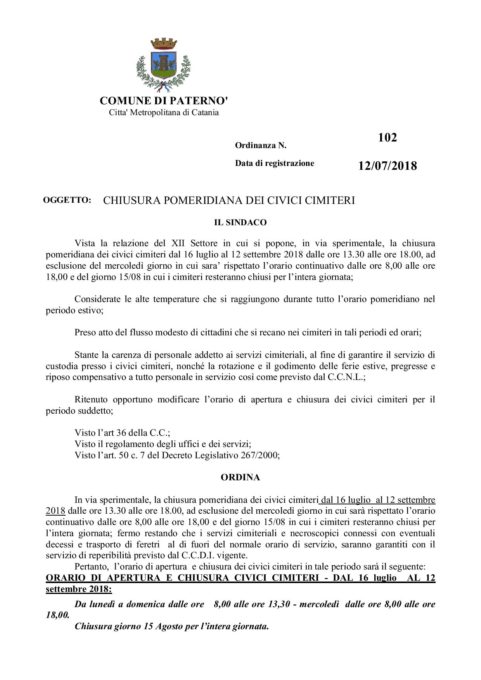 PATERNO': ORDINANZA CHIUSURA POMERIDIANA CIMITERO PER TUTTO IL PERIODO ESTIVO