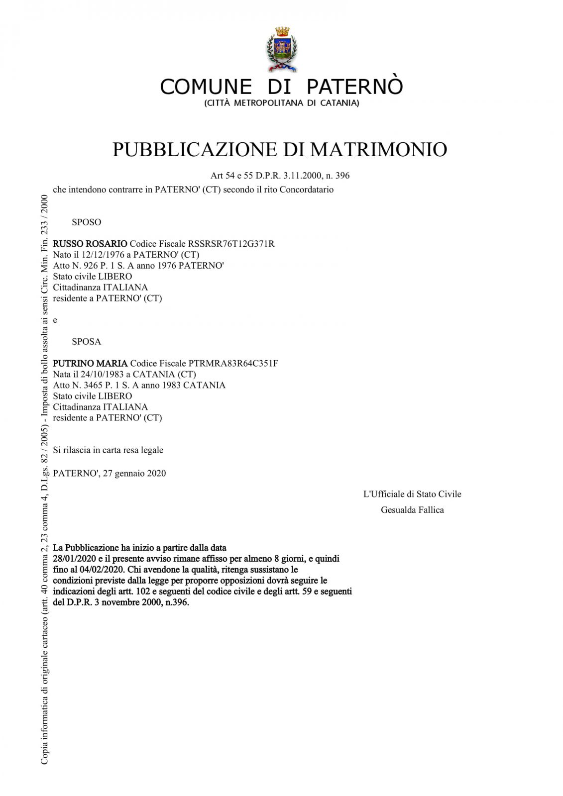 PUBBLICAZIONI DI MATRIMONIO