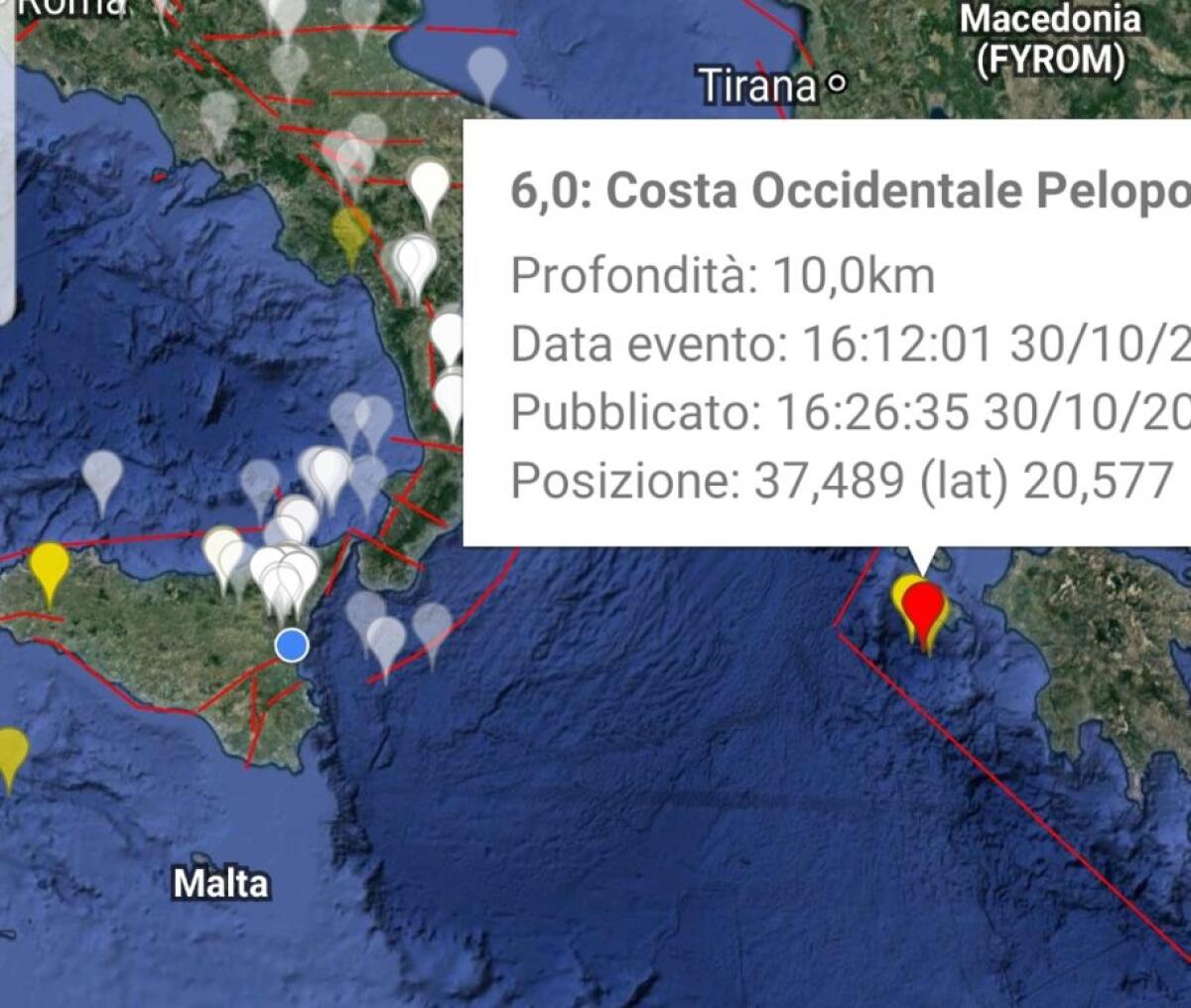 NUOVA FORTE SCOSSA IN GRECIA: PAURA ANCHE AL SUD ITALIA, AVVERTITA IN PUGLIA, CALABRIA E SICILIA - 