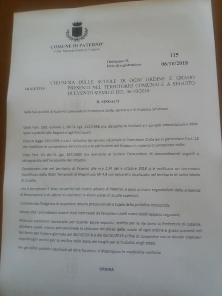 PATERNO': DOMANI SCUOLE CHIUSE