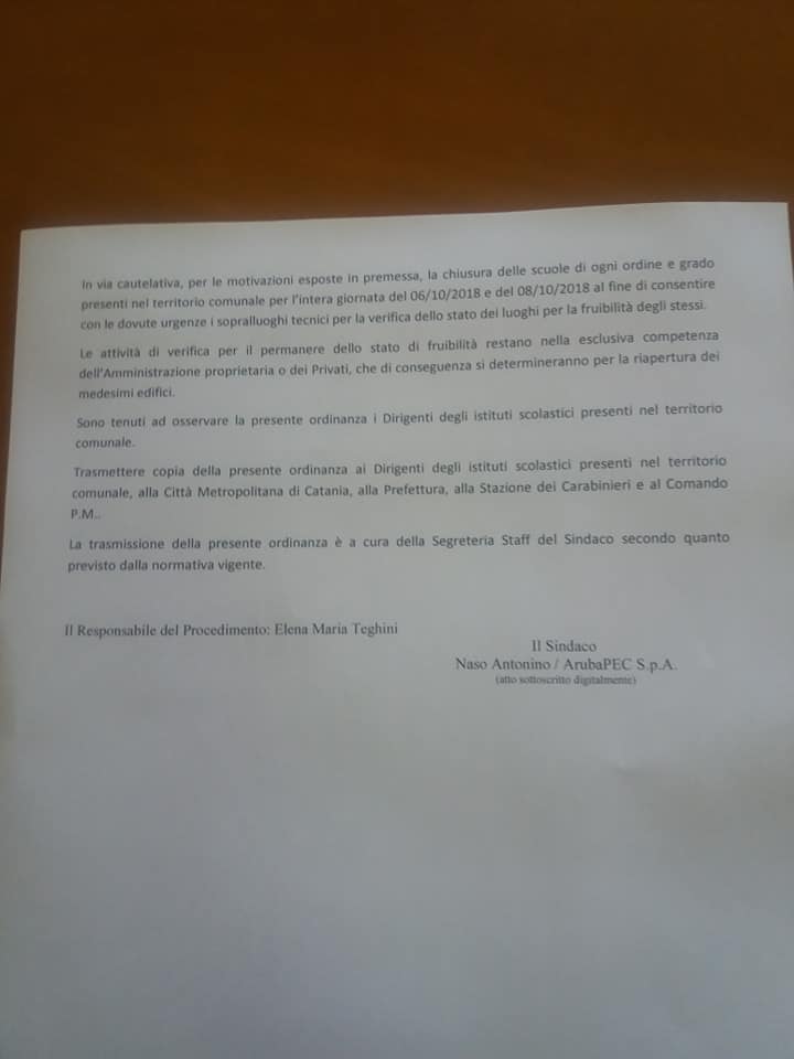 PATERNÒ: SCUOLE CHIUSE OGGI E LUNEDÌ 08 OTTOBRE