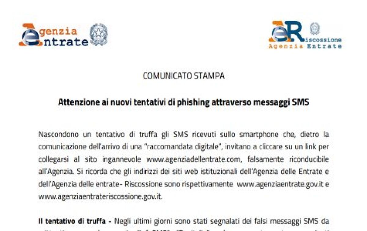 AGENZIA DELLE ENTRATE, TENTATIVI DI TRUFFA TRAMITE SMS - 