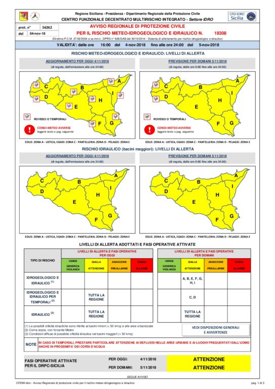 ALLERTA GIALLA IN TUTTA LA SICILIA PER LA GIORNATA DI DOMANI