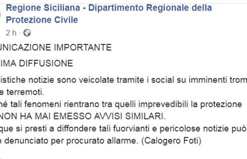 LA PROTEZIONE CIVILE SMENTISCE ALLARMI PER TERREMOTI E TROMBE D’ARIA