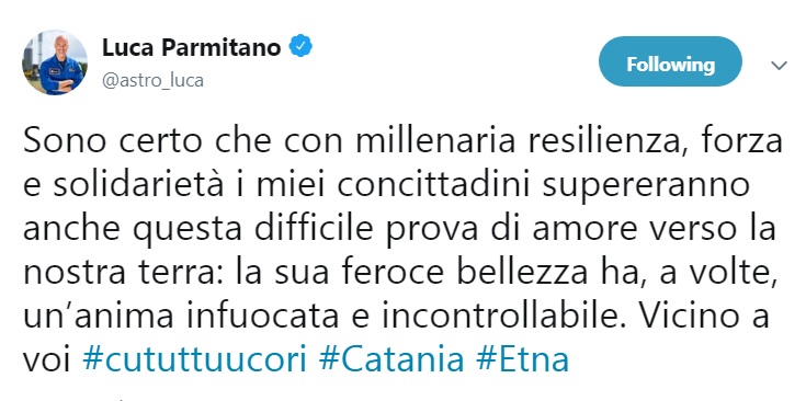 TERREMOTO: L’ASTRONAUTA PARMITANO: “VICINO AI MIE CONCITTADINI CU TUTTU U CORI”