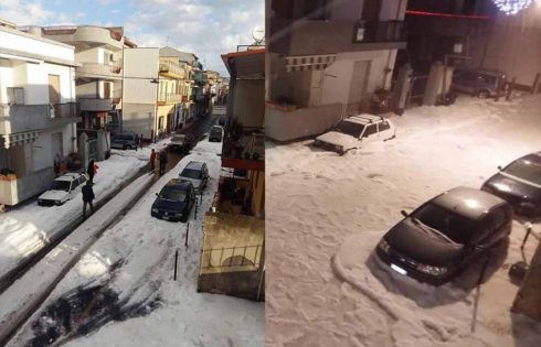 GRANDINATA A ROCCALUMERA: SI SPALA IL GHIACCIO PER LIBERARE LE STRADE