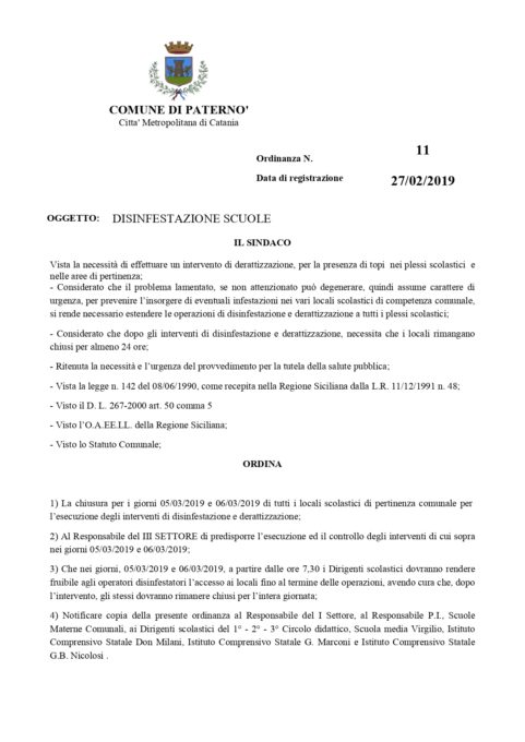 PATERNO’: SCUOLE COMUNALI CHIUSE PER DISINFESTAZIONE