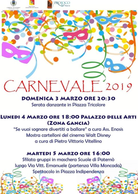 PATERNO': IL PROGRAMMA DEL CARNEVALE 2019