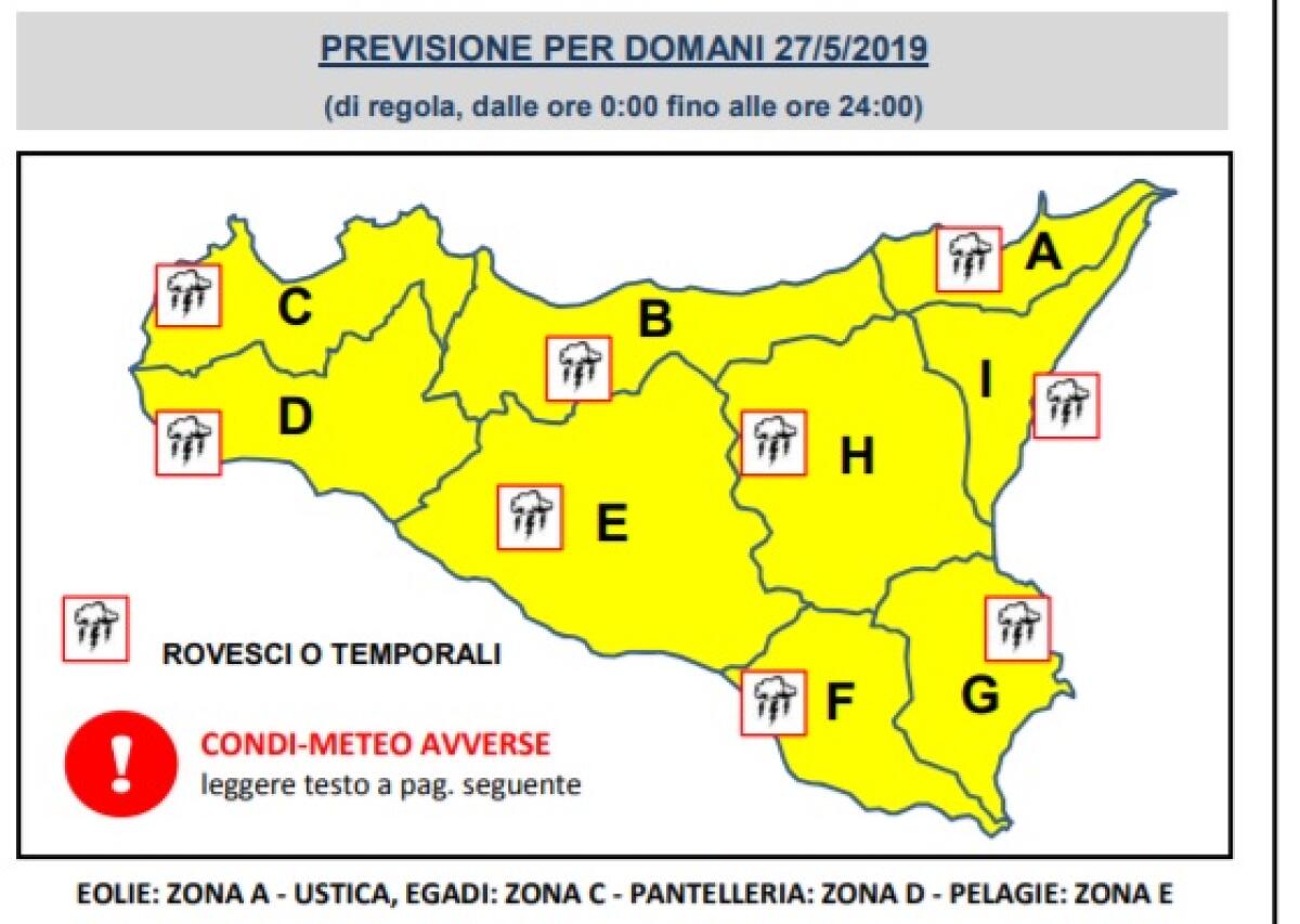 ALLERTA GIALLA PURE PER LA GIORNATA DI DOMANI, LUNEDI 27 MAGGIO - 