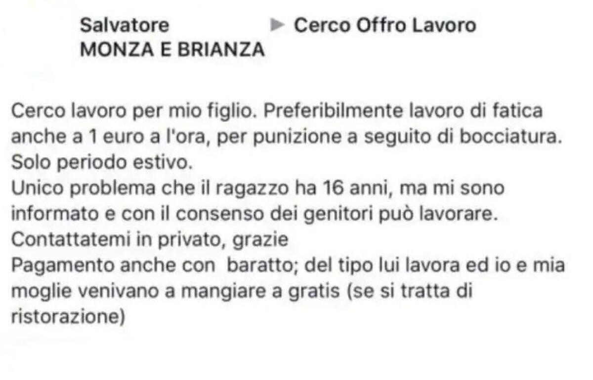 «CERCO LAVORO DI FATICA PER MIO FIGLIO BOCCIATO»: ECCO L’ANNUNCIO DEL GENITORE CHE DIVENTA VIRALE - 