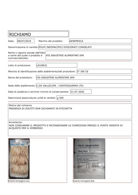 SOLFITI NEI POLPI CONGELATI RICHIAMATI DAI SUPERMERCATI AUCHAN