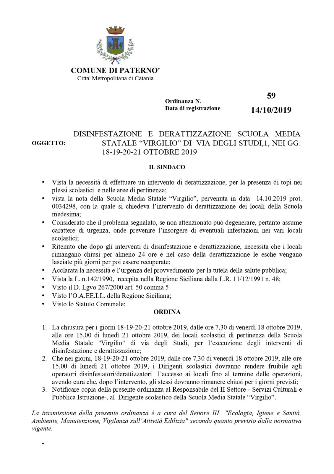 PATERNO’: TOPI A SCUOLA, CHIUSA SCUOLA MEDIA STATALE “VIRGILIO” DI VIA DEGLI STUDI PER DERATTIZZAZIONE