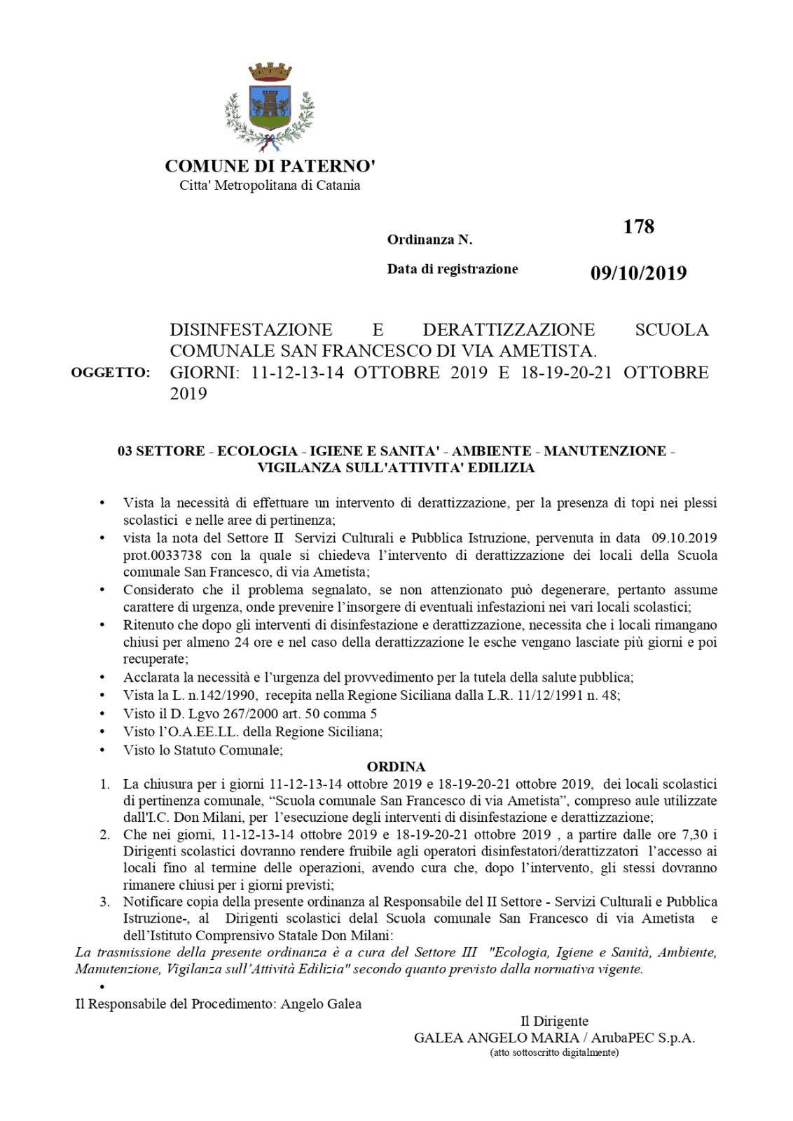 SCUOLA COMUNALE SAN FRANCESCO DI VIA AMETISTA CHIUSA PER DISINFESTAZIONE E DERATTIZZAZIONE