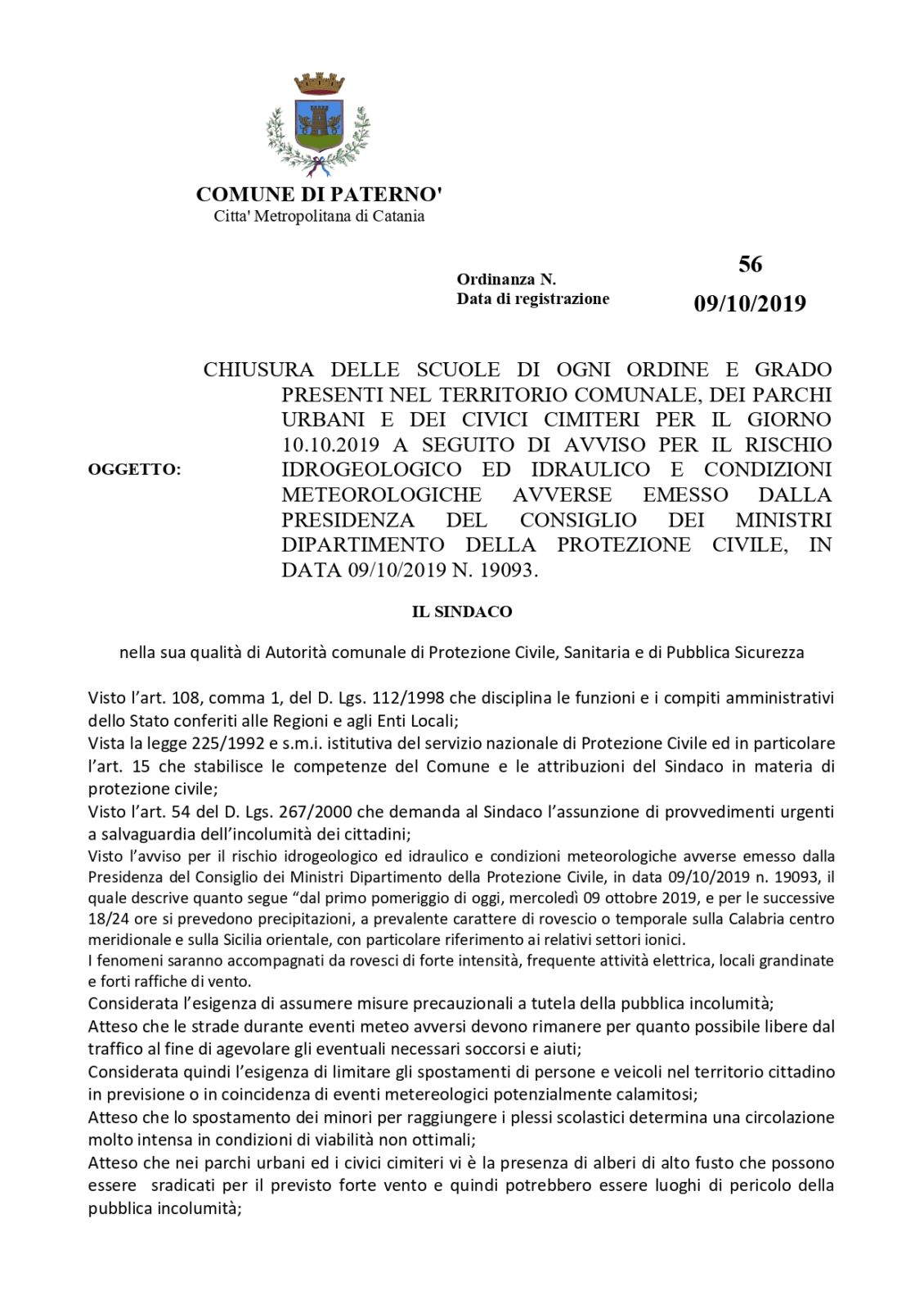 PATERNO': DOMANI 10 OTTOBRE SCUOLE CHIUSE PER ALLERTA METEO.