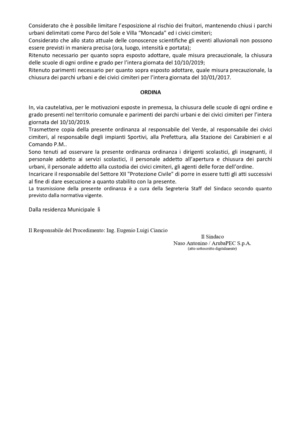 PATERNO': ALLERTA MALTEMPO PER DOMANI, SCUOLE, PARCHI E CIMITERI CHIUSI