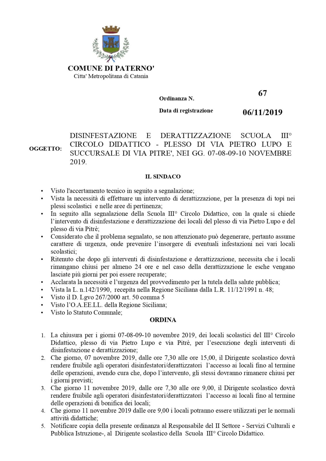 PATERNO’: CHIUSURA III° CIRCOLO DIDATTICO PER DISINFESTAZIONE E DERATTIZZAZIONE