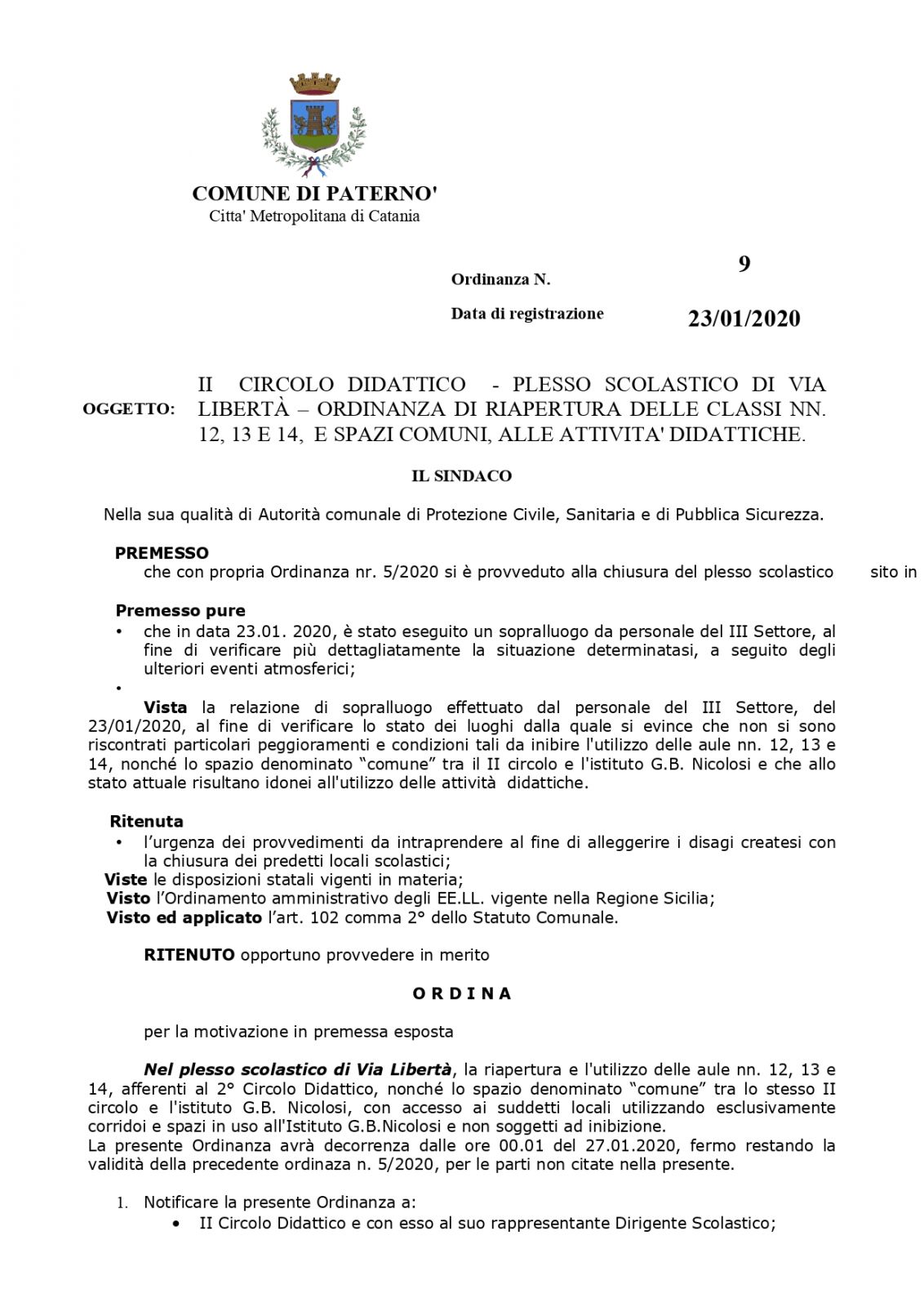 II° CIRCOLO DIDATTICO, PLESSO SCOLASTICO DI VIA LIBERTÀ, RIAPERTURA DELLE CLASSI NN. 12, 13 E 14
