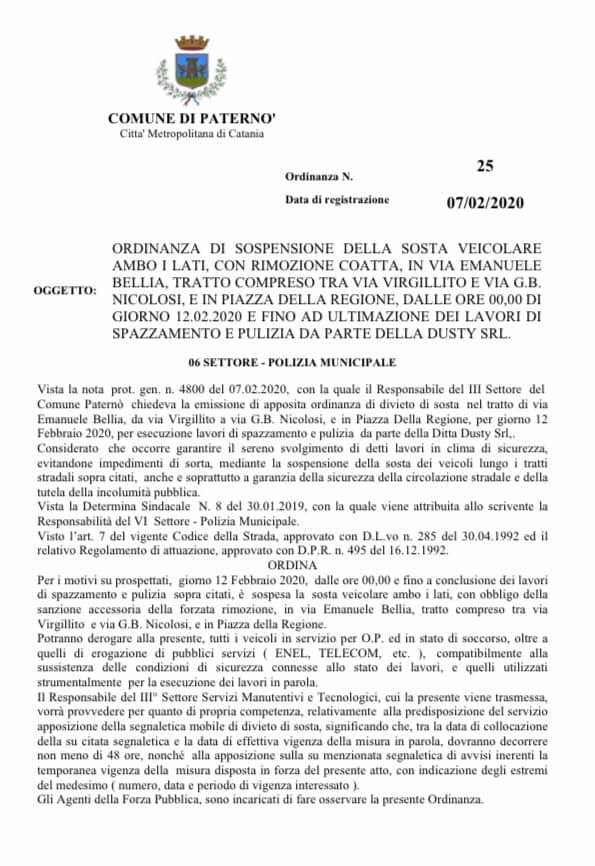 PATERNO’: SOSPENSIONE SOSTA VEICOLARE VIA EMANUELE BELLIA, TRATTO COMPRESO TRA VIA VIRGILLITO E VIA G.B. NICOLOSI, E IN PIAZZA DELLA REGIONE